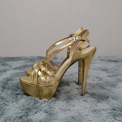 LOSLANDIFEN Women Sandals Sexy 14CM Platform High Heels Ankle Strap Sandal Open Toe Sanke Gladiator Party Dress Woman Shoes