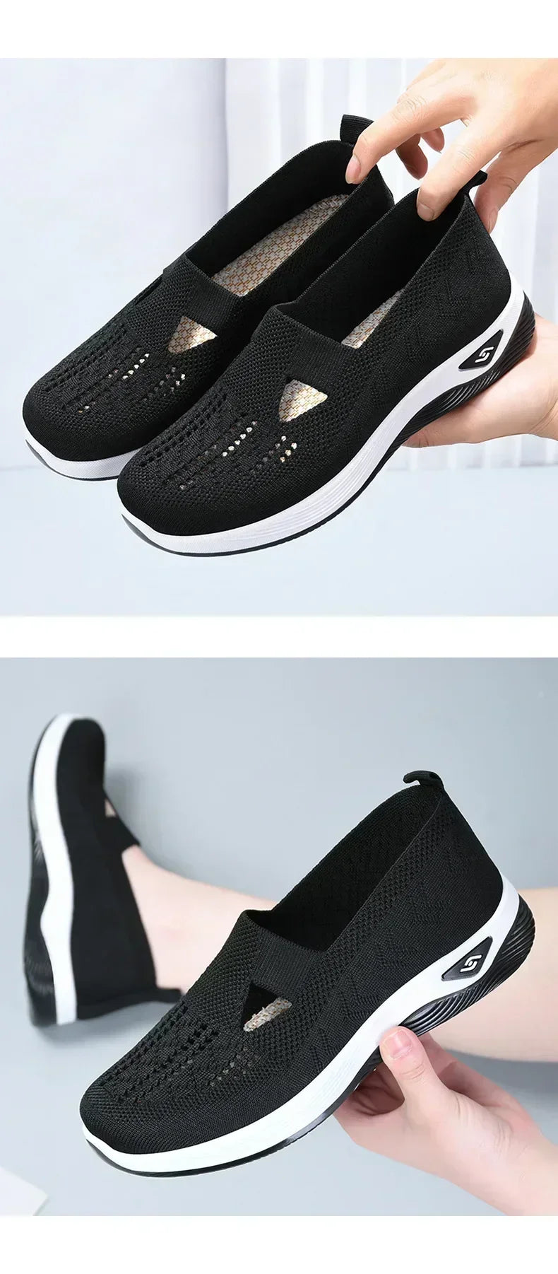 EtherealBe lightweight women's walking flats in black with breathable knit design for comfortable everyday wear