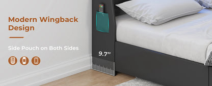 King Size Bed Frame w 4 Storage Drawers,Charging Station and LED Lights,Upholstered Bed Frame w Button Tufted Wingback Headboard