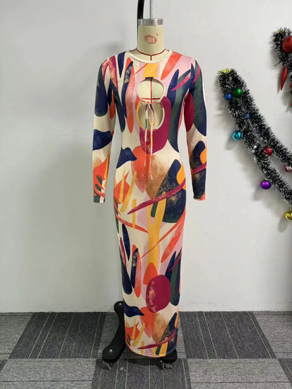CM.YAYA Women Printed Cutout Front Long Sleeve O-neck Bodycon Midi Maxi Dress Evening Party Night Club Holiday Dresses Vestidos