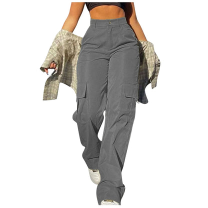 Ladies' Street Fashion Multi Pocket Cargo Pants Summer Solid Color Straight Leg Pants High Waist Slimming Loose Fit Cargo Pants