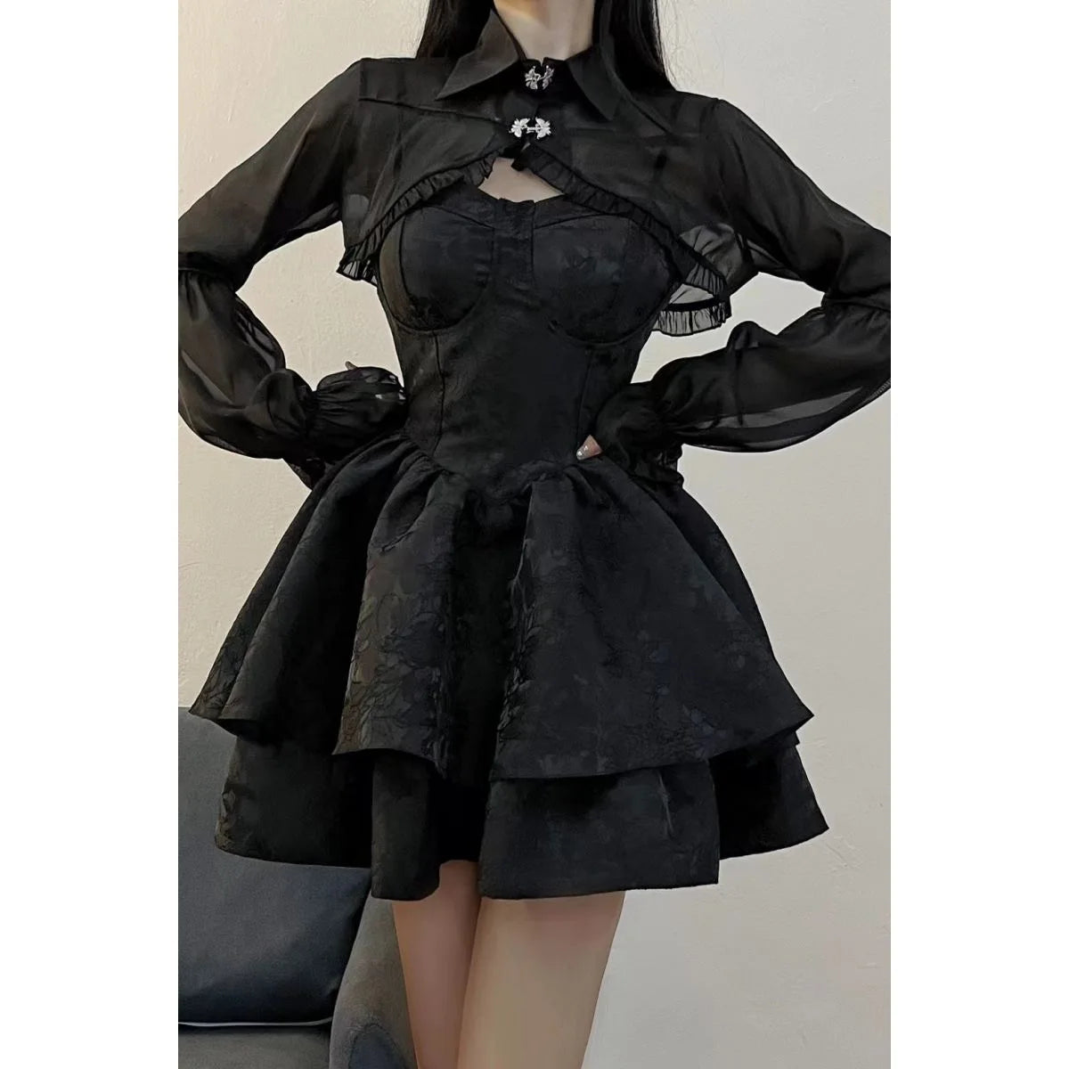 Gothic Harajuku 2 Piece Sets Womens Vintage Y2k Crop Top Blouse + Black High Waist Retro Skirt Belt Party Vintage Sets Chic