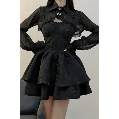 Gothic Harajuku 2 Piece Sets Womens Vintage Y2k Crop Top Blouse + Black High Waist Retro Skirt Belt Party Vintage Sets Chic