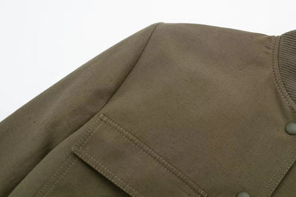 Women Fashion with Pockets Cropped Bomber Jacket Coat Vintage Long Sleeve Front Button Female Outerwear Chic Tops y2k clothes