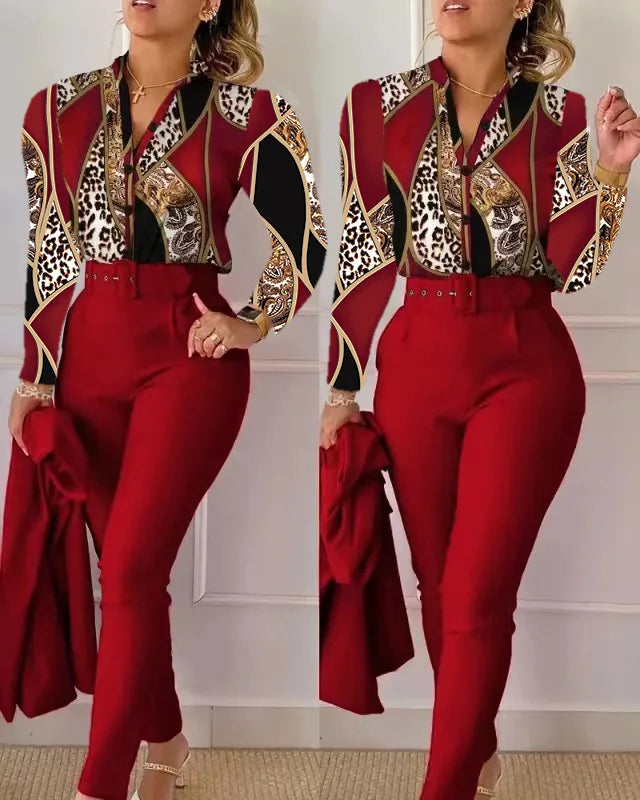 Autumn Winter Stand Neck Floral Print Long Sleeve Shirt Pants Two Piece Sets Elegant Women Casual Shirt Trousers Suits With Belt