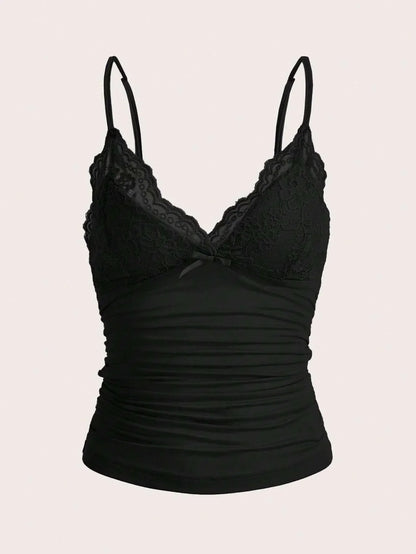 Sexy Contrast Lace Bow Front Crop Cami Top Women 2025 Summer Grunge Punk Y2K Clothes Ruched Skinny Backless Tee Shirt