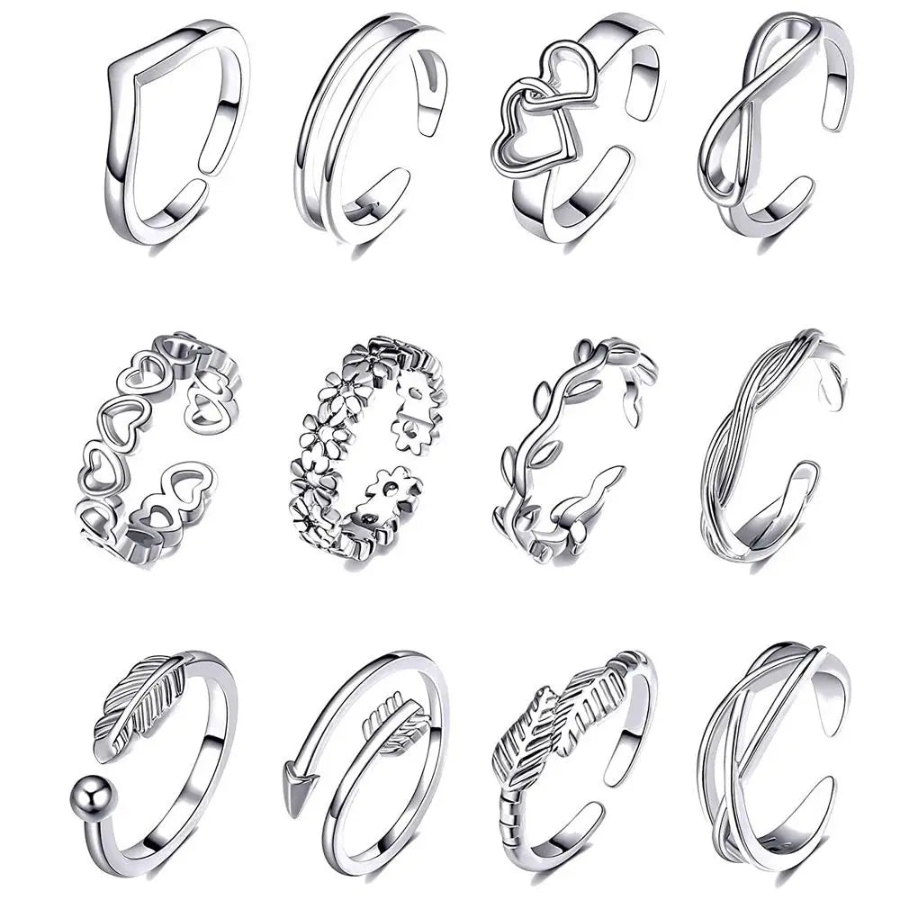 12pcs/Set Kpop Jewelry Open Heart Shape White Copper Alloy Toe Rings Foot Ring Set Korean Style Accessories Women Accessories