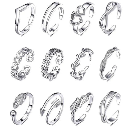 12pcs/Set Kpop Jewelry Open Heart Shape White Copper Alloy Toe Rings Foot Ring Set Korean Style Accessories Women Accessories
