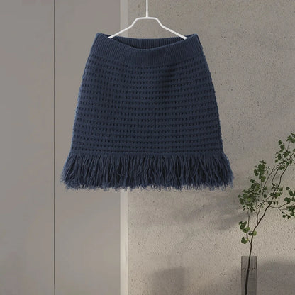 Sexy Knitted Tassel Top Skirt Women Set Dark Blue Long Sleeve Lapel Button Tops Pleated Mini Skirts 2025 Fashion Solid Lady Suit