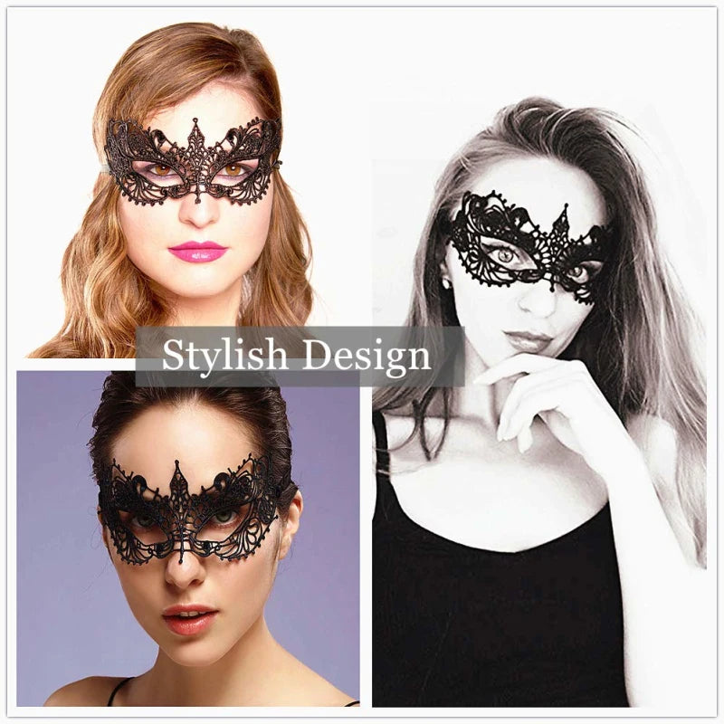 Elegant women's black lace masquerade mask featuring intricate designs for costume parties