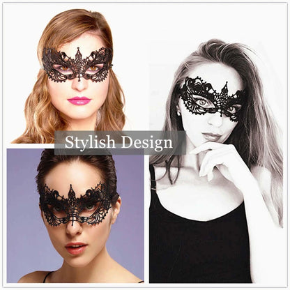 Elegant women's black lace masquerade mask featuring intricate designs for costume parties