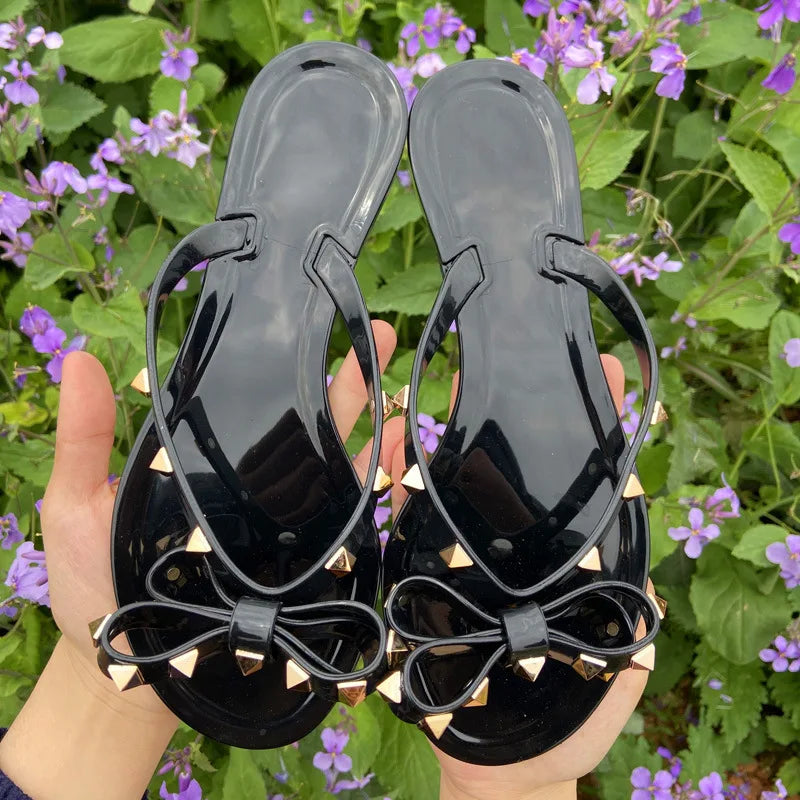 Slippers Hot Sale Fashion Women Flip Flops Summer Shoe Cool Beach Rivet Big Bow Flat Sandals Jelly Shoes Sandal Girls Size 36-42