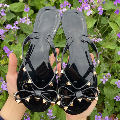 Slippers Hot Sale Fashion Women Flip Flops Summer Shoe Cool Beach Rivet Big Bow Flat Sandals Jelly Shoes Sandal Girls Size 36-42