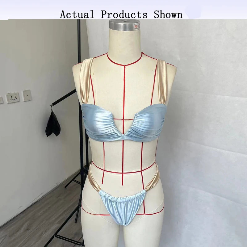 BEACHCICI Women's Bikini Two Set Sexy Elegant Suspender High Waist Contrast Color Lace Up Pleated Thong Vacatio Beach Swimsuit