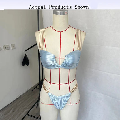 BEACHCICI Women's Bikini Two Set Sexy Elegant Suspender High Waist Contrast Color Lace Up Pleated Thong Vacatio Beach Swimsuit