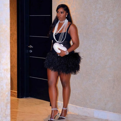 HLJ Black Sexy Mesh Perspective Patchwork Party Nightclub Dresses Women Thin Fur Mini Suspended Dress Female Halloween Clothing