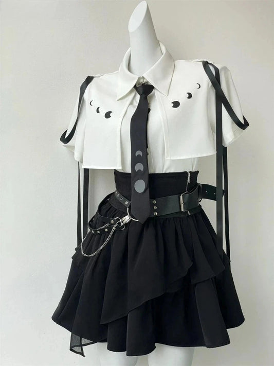 Gothic Harajuku 2 Piece Sets Womens Vintage Y2k Crop Top Blouse + Black High Waist Retro Skirt Belt Party Vintage Sets Chic