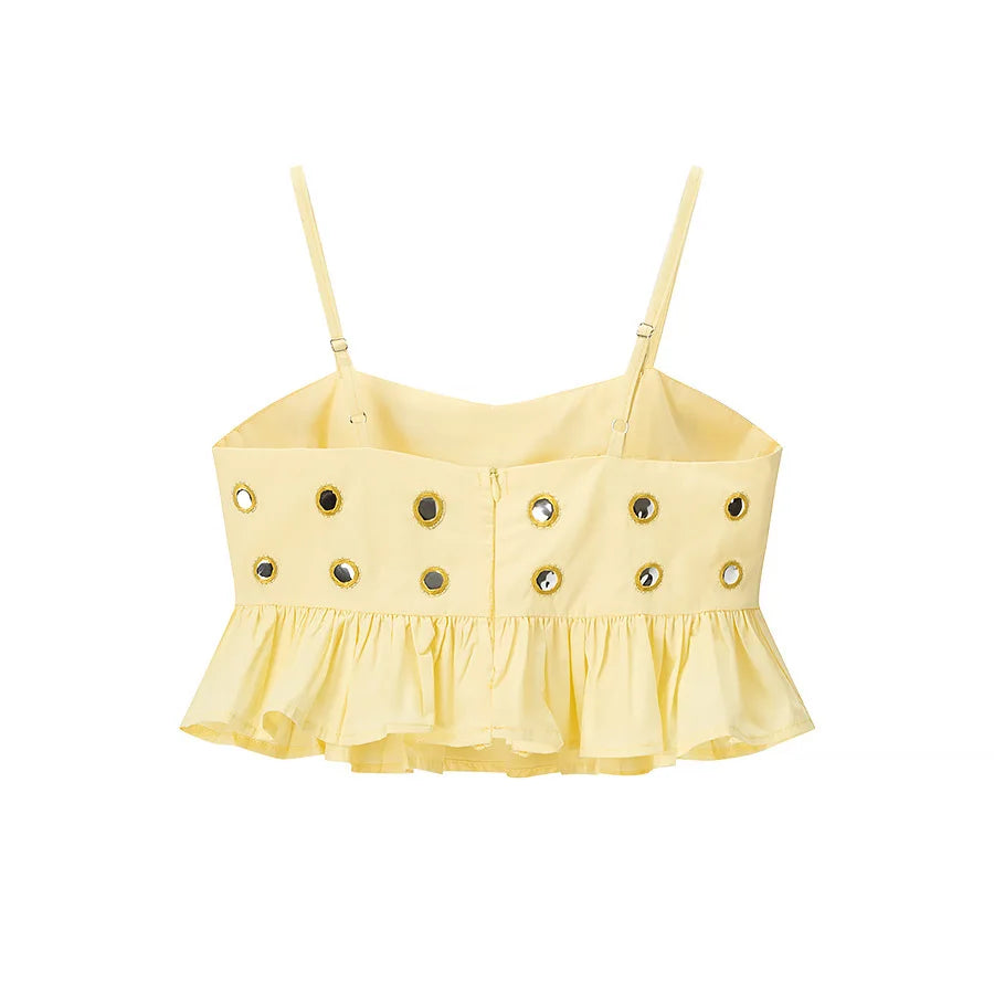 Women's Metal Hollow Pleated Suspender Skirt Two Piece Set Sexy Sleeveless Vest High Waist Mini Skirt Lady Vacation Dress Sets