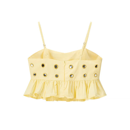 Women's Metal Hollow Pleated Suspender Skirt Two Piece Set Sexy Sleeveless Vest High Waist Mini Skirt Lady Vacation Dress Sets
