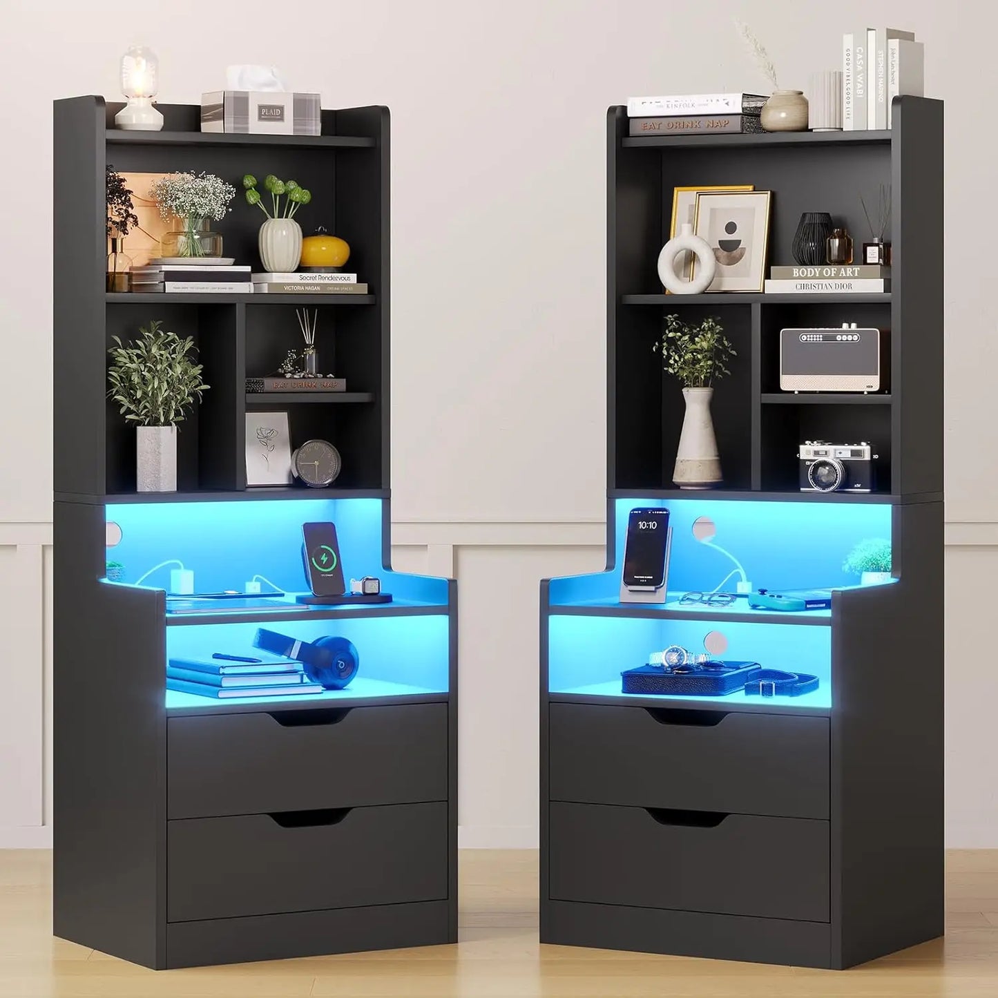 Charging Nightstand Set of 2 with LED Lights,Tall Night Stand with Bookshelf,Bedside Table with Drawers