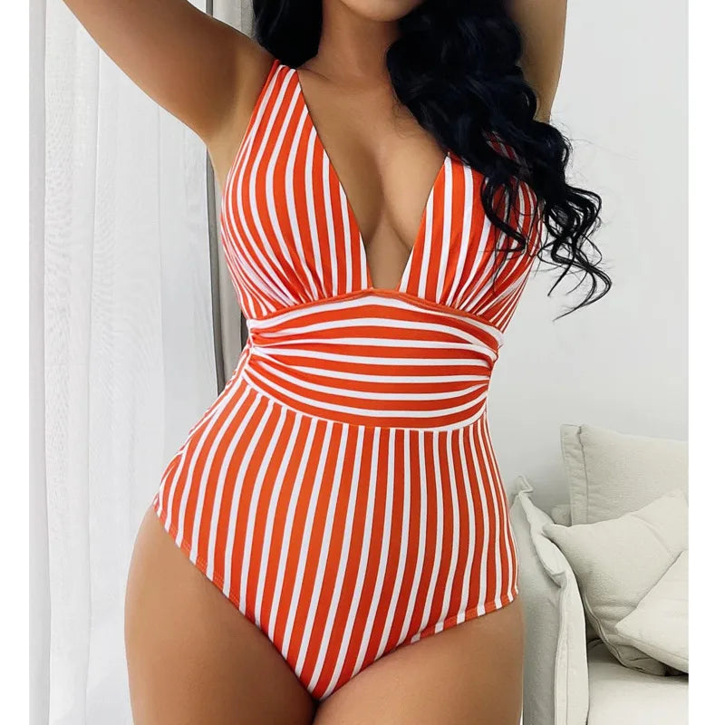 Summer Sexy Striped One Piece Swimsuit Closed Female Swimwear Push Up Body Women's Swim Wear Bathing Suit Beach Pool Bather 2024