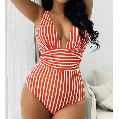 Summer Sexy Striped One Piece Swimsuit Closed Female Swimwear Push Up Body Women's Swim Wear Bathing Suit Beach Pool Bather 2024