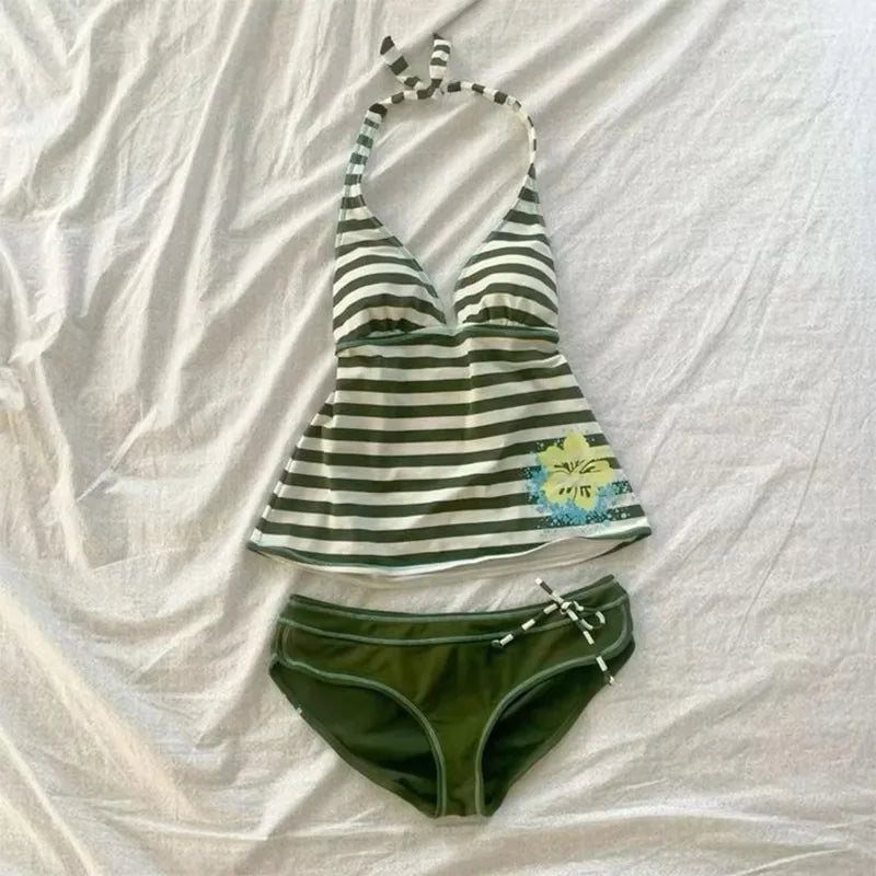 2026 new summer Y2K sexy hanging neck, backless slim fit striped set, beach vacation party, spicy girl, fashion trend suit