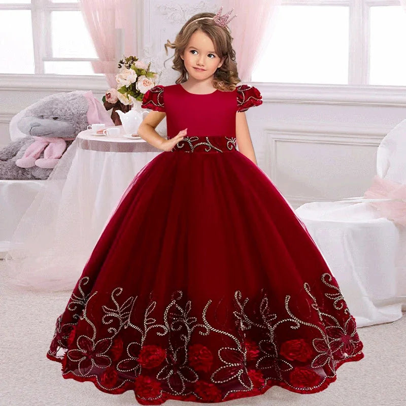 Girls sequin children's gown with embroidered bow and lacing