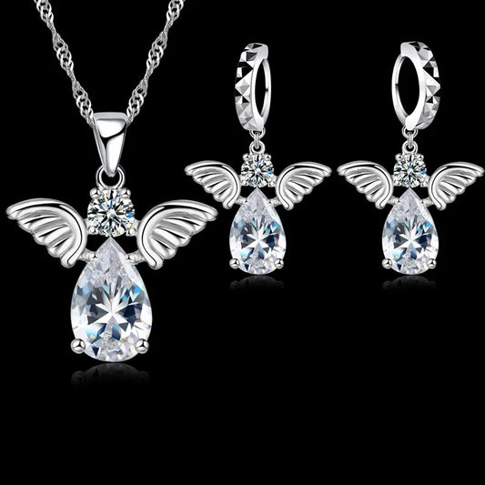 Sale Specials Cute Angel Shape Jewelry Sets Crystal 925 Sterling Silver Color Pendant Necklace And Earring Set Lady Birthday