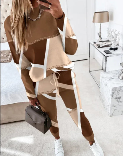 Autumn Winter Fashion Sports Style Two Piece Set Women Casual Printing Long Sleeve Tshirt Pants Two Piece Set Women