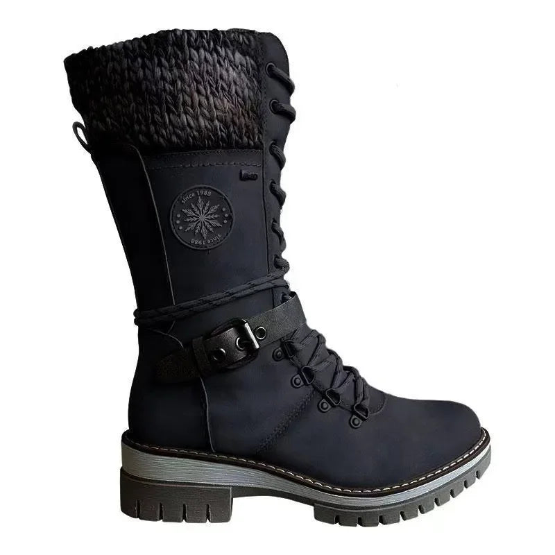 2025 Women Winter Buckle Lace Knitted Mid-calf Boots Low Heel Round Toe Boots Top Quality Winter Warm Boots Women Botas De Mujer