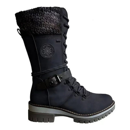 2025 Women Winter Buckle Lace Knitted Mid-calf Boots Low Heel Round Toe Boots Top Quality Winter Warm Boots Women Botas De Mujer