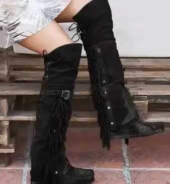 Fashion Bohemia Knee-length Women Boots Ethnic Personality High Boots Tassels Faux Suede Boots Girl Flat Bottom Long Botas Mujer