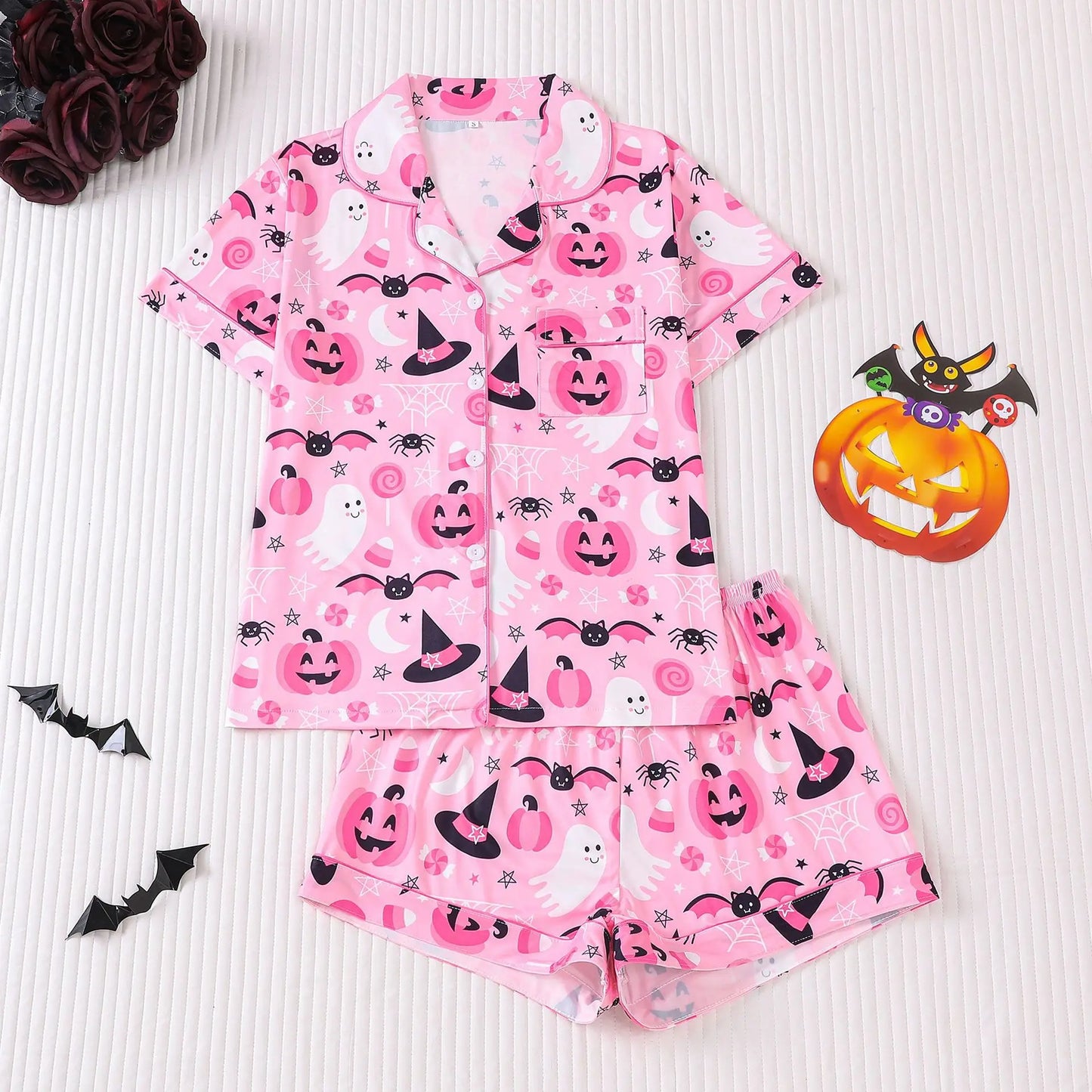 Women Halloween Pajama Set, Pumpkin Print Short Sleeve Button Closure Top with Shorts Sleepwear Loungewear