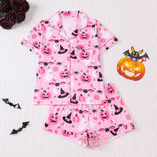 Women Halloween Pajama Set, Pumpkin Print Short Sleeve Button Closure Top with Shorts Sleepwear Loungewear
