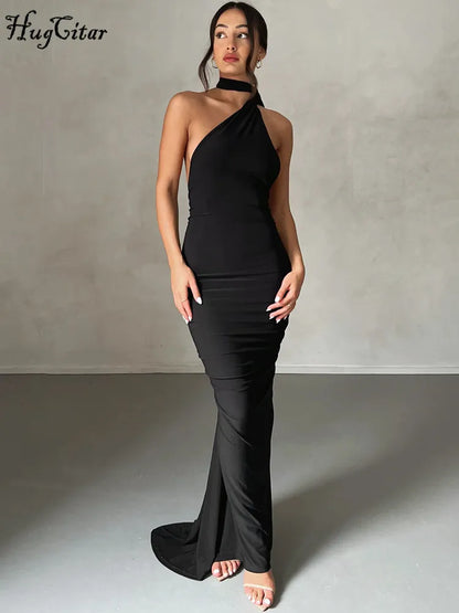 Hugcitar One Shoulder Backless Adjustable Scarf Loop Ruched Sexy Maxi Dress 2025 Women Elegant Y2K Streetwear Festival Outfit