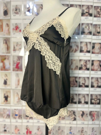 Womens Sexy Satin Pajama Set Lace Trim Cami Top Shorts Lingerie Sleepwear Silky Black Cream V Neck Spaghetti Strap Two Piece