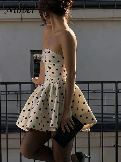 Nibber Dots Print Dress Women Chest Wrap Backless Bow Applique Ruffles Loose Hem 2025 Y2k Trend Streetwear Chic Mini Bodycon