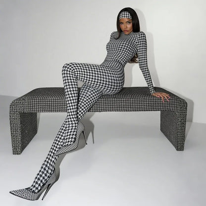 SsTss 2025 Trendy Autumn Winter Houndstooth Print Jumpsuit Women's Stand Collar Long Sleeve Slim Rompers Overalls Y2K Outfits