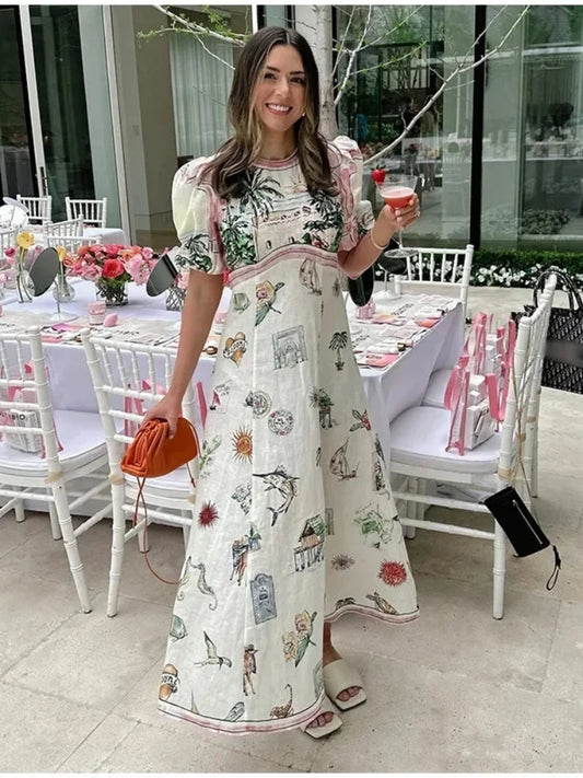Bohemia Beach Print A-line White Summer Dress Women Casual O-neck Puff Sleeve Midi Dress Holiday Women Outfits Chic Party Dress