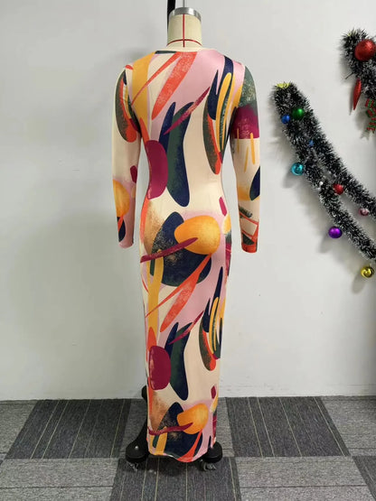 CM.YAYA Women Printed Cutout Front Long Sleeve O-neck Bodycon Midi Maxi Dress Evening Party Night Club Holiday Dresses Vestidos
