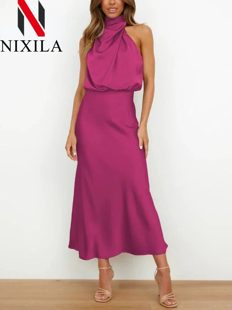 New Wedding Satin Silk Women Dresses Sexy Evening Party Sleeveless Off Shoulder Bodycon Elegant Maxi Dresses for Women Clothes