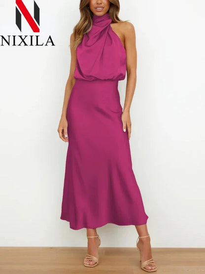 New Wedding Satin Silk Women Dresses Sexy Evening Party Sleeveless Off Shoulder Bodycon Elegant Maxi Dresses for Women Clothes