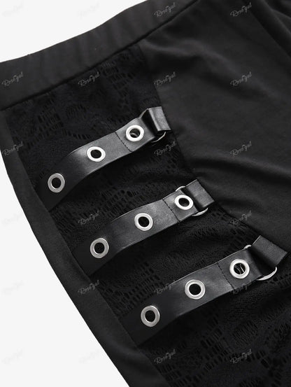 ROSEGAL Plus Size Women Elastic Waist Pants Black Gothic Fishnet Hollow Out Patchwork Buckle Grommet Skinny Pant Bottoms