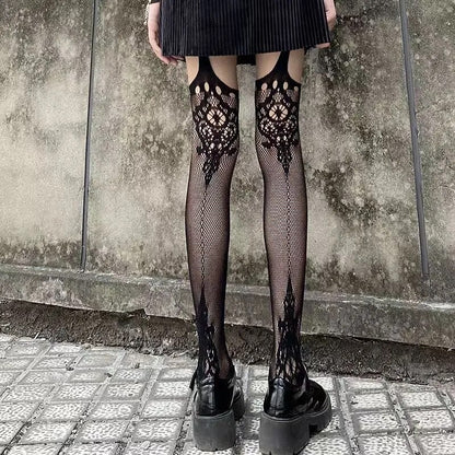Gothic Dark Girl Long Sexy Fishnet Stockings Women Classical Design Harajuku Emo Mesh Tights Lingerie Thigh High Garters Hosiery