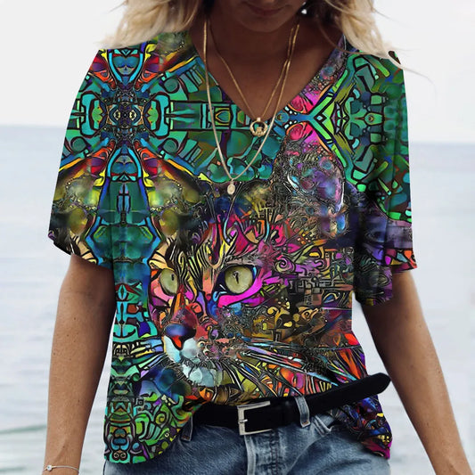V Neck Tshirt Women's Summer Casual Oversize Dazzle Color Cats Print Shirt Short Sleeve Top Vintage FemaleStreetwear Y2k Clothes
