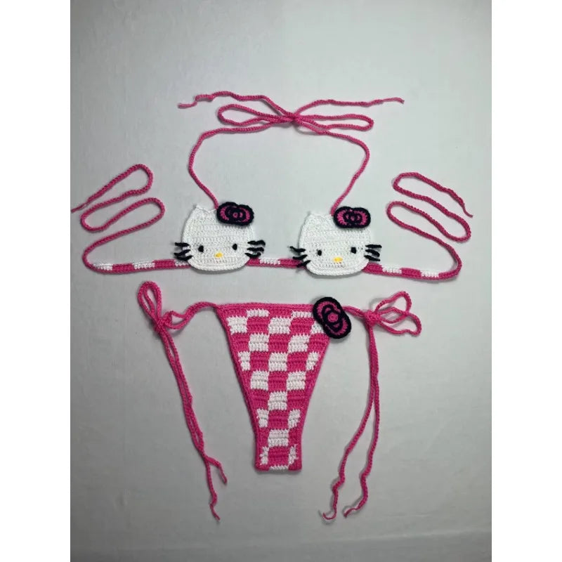 Cute Crochet Bikini Set 2 Pieces Lady's Bathing Suits Sexy Micro Bikinis Ties Swimsuit Thong Swimwear Kwaii Womens Swimming Suit