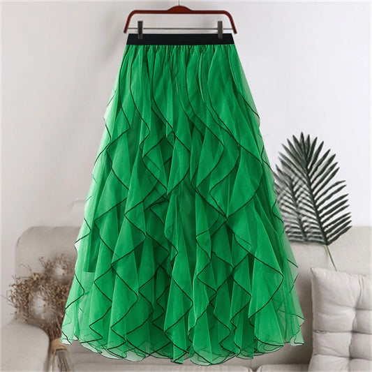 Autumn New Wave Pattern Fairy Mesh Ruffle Skirt High Waist A-Line Large Swing Long Skirt Women'S Half Body Skirt Ropa Para Mujer