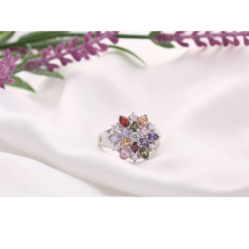 Ring Fashion 925 Sterling Silver Color Jewelry Colourful Cubic Zirconia Flower Design Cute Style Women Girls Party Engagement