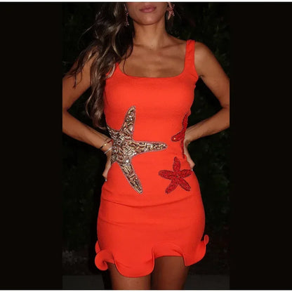 Prined Casual Women Star Mini Dress Fashion Sling Sleeveless Backless Pleat High Waist Robe 2025 New Female Beach Vacation Wear